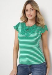 Zielony Bawełniany T-shirt w Paski z Koronkowymi Wstawkami Idamarie. Zielone t-shirty damskie Born2be, m, bez wzorów, z bawełny, bez kołnierzyka, bez ramiączek. Za 39.99 zł.