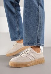 Beżowe Zamszowe Sneakersy Typu Tenisówki ze Skórzaną Wkładką Ozdobione Paskami Melissele. Brązowe trampki i tenisówki damskie Born2be, bez wzorów, z jeansu, bez zapięcia. Za 189.99 zł.