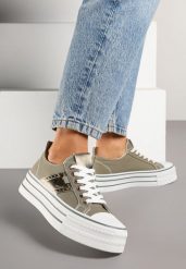 Zielone Trampki na Grubej Podeszwie z Metaliczną Wstawką Telarella. Zielone trampki i tenisówki damskie Born2be, bez wzorów, z jeansu, bez zapięcia. Za 84.99 zł.