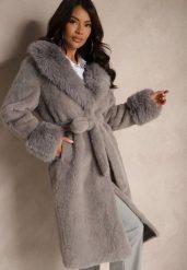 Szary Futrzany Płaszcz z Wiązanym Paskiem Ozdobnym Kołnierzem i Mankietami Viaressa. Szare płaszcze damskie Renee, l, bez wzorów, z futra, eleganckie, bez kołnierzyka, bez kaptura. Za 329.99 zł.