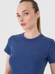 4F T-shirt slim z prążkowanej dzianiny damski - granatowy S. Niebieskie t-shirty damskie 4F, s, bez wzorów, z bawełny, klasyczne, bez kołnierzyka, bez ramiączek. W wyprzedaży za 39.99 zł.