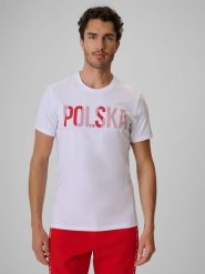 4F Koszulka kibica męska - biała XL. Białe t-shirty męskie 4F, m, bez wzorów, z bawełny, bez kołnierzyka, bez ramiączek. Za 69.99 zł.