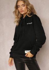 Czarna Bluza z Nadrukiem na Tyle i Kapturem oraz Kieszonką Stelletta. Czarne bluzy damskie Renee, l, bez wzorów, z bawełny, bez ramiączek, z kapturem. Za 84.99 zł.