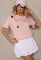 Różowy T-shirt z Bawełny z Haftowanymi Detalami w Wiśnie Nevianeva. Czerwone t-shirty damskie Renee, m, bez wzorów, z bawełny, biznesowe, bez kołnierzyka, bez ramiączek. Za 34.99 zł.