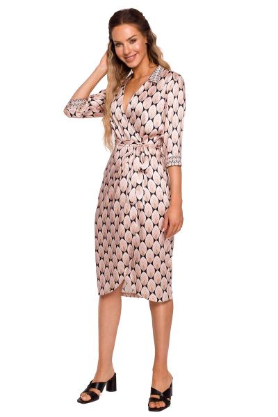 Satynowa Sukienka na Zakładkę w Print - Wzór 3. Czerwone sukienki damskie MOE, l, bez wzorów, z materiału, wizytowe, bez kołnierzyka, bez ramiączek. Za 357.90 zł.