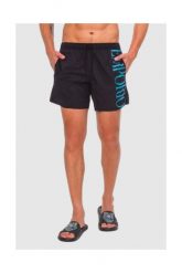EMPORIO ARMANI Czarne szorty kąpielowe z turkusowym logo. Czarne kąpielówki męskie Emporio Armani, m, bez wzorów, z poliesteru. W wyprzedaży za 229.99 zł.