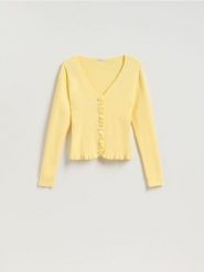 Kardigan z wiskozą - jasnożółty. Żółte kardigany damskie Reserved, l, bez wzorów, z dzianiny, bez kołnierzyka. Za 119.99 zł.