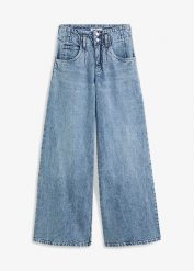 Dżinsy wide leg z wysokim stanem. Niebieskie jeansy damskie bonprix, bez wzorów, z jeansu, z podwyższonym stanem. Za 169.99 zł.