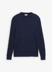 Sweter we wzór w warkocze z czystej bawełny organicznej nadającej się do recyklingu. Niebieskie swetry męskie bonprix, m, bez wzorów, z bawełny, bez kołnierzyka, bez ramiączek. Za 129.99 zł.