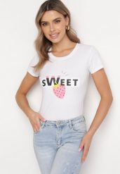 Biała Bawełniana Bluzka z Nadrukiem i Napisem Vemassa. Białe bluzki damskie Born2be, m, bez wzorów, z bawełny, bez kołnierzyka, bez ramiączek. Za 29.99 zł.