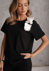 Czarno-Biały Bawełniany T-shirt o Klasycznym Kroju z Kwiatowymi Aplikacjami 3D Morgane. Czarne t-shirty damskie Renee, l, z aplikacjami, z bawełny, casualowe, bez kołnierzyka, bez ramiączek. Za 69.99 zł.