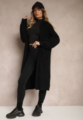 Czarny Nierozpinany Kardigan z Kapturem ze Ściągaczami przy Rękawach Giselda. Czarne kardigany damskie Renee, bez wzorów, eleganckie, bez kołnierzyka. Za 99.99 zł.