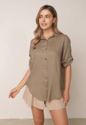 Beżowa Koszula Casual z Wiskozą i Lnem z Rękawami 3/4 Linyana. Brązowe koszule damskie Born2be, l, bez wzorów, z jeansu, casualowe, bez kołnierzyka, bez ramiączek. Za 99.99 zł.