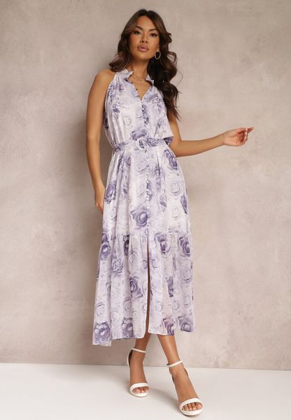 Fioletowa Rozkloszowana Sukienka w Kwiaty z Paskiem Ademora. Fioletowe sukienki damskie Renee, bez wzorów, z materiału, bez kołnierzyka, bez ramiączek, maxi, rozkloszowane. Za 149.99 zł.