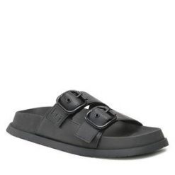 Klapki Tommy Jeans. Czarne klapki damskie Tommy Jeans, bez wzorów, z jeansu, bez obcasa, bez zapięcia. Za 249.99 zł.