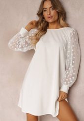 Biała Pudełkowa Sukienka Mini z Ozdobnymi Rękawami z Siateczki Unicie. Białe sukienki damskie Renee, bez wzorów, bez kołnierzyka, bez ramiączek, mini. Za 69.99 zł.