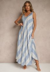 Niebieska Rozkloszowana Sukienka z Geometrycznym Wzorem Lumire. Niebieskie sukienki damskie Renee, na spotkanie biznesowe, xl, z aplikacjami, eleganckie, bez kołnierzyka, bez ramiączek, maxi, rozkloszowane. Za 49.99 zł.