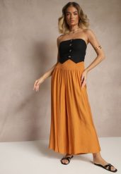 Pomarańczowe Spodnie z Wiskozą o Szerokim Kroju High Waist Orrana. Brązowe spodnie materiałowe damskie Renee, bez wzorów, z jeansu, eleganckie, z podwyższonym stanem. Za 39.99 zł.