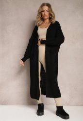 Czarny Długi Kardigan Oversize Angellona. Czarne kardigany damskie Renee, bez wzorów, bez kołnierzyka. Za 99.99 zł.
