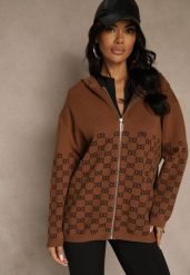 Brązowy Rozpinany Kardigan z Kapturem z Geometrycznym Wzorem Neratusa. Brązowe kardigany damskie Renee, na wiosnę, l, bez wzorów, z jeansu, bez kołnierzyka. Za 79.99 zł.