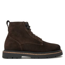 Botki Birkenstock. Brązowe botki damskie Birkenstock, bez wzorów, bez obcasa, na płaskiej podeszwie, bez zapięcia. Za 759.99 zł.