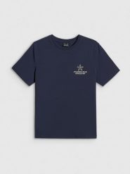 4F T-shirt relaxed z nadrukiem damski - granatowy M. Niebieskie koszulki sportowe damskie 4F, m, bez wzorów, z bawełny, bez ramiączek. Za 69.99 zł.