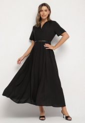 Czarna Wiskozowa Sukienka z Lnem o Rozkloszowanym Kroju z Paskiem z Klamerką Linalin. Czarne sukienki damskie Born2be, na co dzień, l, bez wzorów, z wiskozy, eleganckie, bez kołnierzyka, bez ramiączek, maxi, rozkloszowane. Za 129.99 zł.