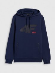 4F Bluza dresowa regular z kapturem męska - granatowa XXL. Niebieskie bluzy męskie 4F, m, bez wzorów, z dresówki, z kapturem, trekkingowe. Za 189.99 zł.