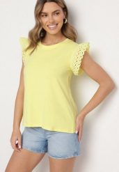 Żółta Bluzka z Bawełny z Ażurowymi Falbankami Zamiast Rękawów Vodelia. Żółte bluzki damskie Born2be, uniwersalny, w ażurowe wzory, z bawełny, bez kołnierzyka, bez ramiączek. Za 14.99 zł.