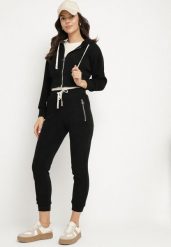 Czarny Bawełniany Komplet Dresowy Bluza z Kapturem i Spodnie ze Sznurkiem Hariven. Czarne bluzy damskie Born2be, l, bez wzorów, z bawełny, eleganckie, bez ramiączek, z kapturem. Za 119.99 zł.