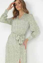 Zielono-Biała Sukienka Asoele. Zielone sukienki damskie Born2be, m, bez wzorów, z materiału, klasyczne, bez kołnierzyka, bez ramiączek, midi, koszulowe. Za 79.99 zł.