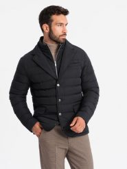 Męska pikowana kurtka o kroju marynarki – czarna V3 OM-JALP-0188 - XXL. Czarne kurtki męskie Ombre Clothing, m, z aplikacjami, z gumy, eleganckie, bez kaptura. W wyprzedaży za 169.99 zł.