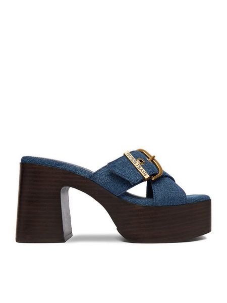 Guess Jeans Klapki CEO-JD421-3 Niebieski. Niebieskie klapki damskie Guess Jeans, z aplikacjami, z jeansu, bez obcasa, bez zapięcia. Za 163.99 zł.