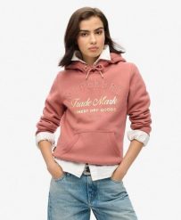 Luksusowa bluza z kapturem z metalicznym logo. Czerwone bluzy damskie Superdry, bez wzorów, z bawełny, eleganckie, bez ramiączek, z kapturem. Za 420.10 zł.