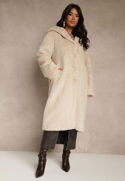 Beżowy Płaszcz z Pluszowego Futerka z Kapturem Zereva. Brązowe płaszcze damskie Renee, l, bez wzorów, eleganckie, bez kołnierzyka, z kapturem. Za 269.99 zł.