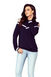 Granatowa Bluza Typu Cold Shoulder z Kontrastowymi Lamówkami. Bluzy damskie Numoco, s, bez wzorów, z materiału, bez ramiączek, bez kaptura. Za 156.90 zł.