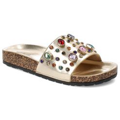 Złote Klapki S.Barski Stylowe Obuwie Damskie. Żółte klapki damskie S.BARSKI, na lato, z aplikacjami, eleganckie, bez obcasa, bez zapięcia. Za 119.00 zł.