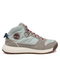 Botki Timberland. Szare botki damskie Timberland, bez wzorów, bez obcasa, na płaskiej podeszwie, bez zapięcia. Za 449.99 zł.