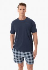 Piżama męska z szortami U-SEN. Niebieskie piżamy męskie Volcano, l, bez wzorów, z bawełny, bez kołnierzyka, bez ramiączek, krótkie. Za 109.99 zł.