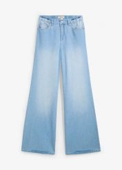 Jeansy wide leg, high waist, full length, z wygodnym pasem. Niebieskie jeansy damskie bonprix, bez wzorów, z denimu, z podwyższonym stanem, długie. Za 142.99 zł.