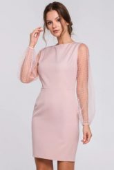 Sukienka na wesele wieczorowa z bufiastymi rękawami z siateczki różowa. Czerwone sukienki damskie Sukienki.shop, na wesele, xl, bez wzorów, eleganckie, bez kołnierzyka, bez ramiączek, mini, dopasowane. Za 229.00 zł.