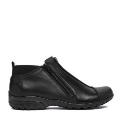 Botki Rieker. Czarne botki damskie Rieker, bez wzorów, bez obcasa, na płaskiej podeszwie, bez zapięcia. Za 379.99 zł.