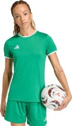 Koszulka damska adidas Entrada 26 Jersey zielona JZ2491 L. Zielone bluzki damskie Adidas, l, bez wzorów, z jersey, bez kołnierzyka, bez ramiączek. Za 79.94 zł.