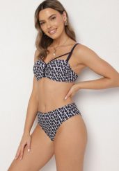 Granatowe Bikini Biustonosz z Ozdobnymi Paskami i Majtki Figi Linadora. Niebieskie bikini Born2be, bez wzorów. Za 79.99 zł.