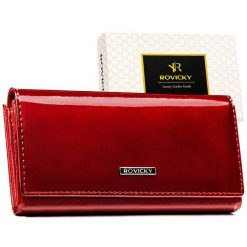 Portfel damski ze skóry naturalnej i ekologicznej w czerwonym kolorze, zamykany na zatrzask i bigiel - Rovicky. Czerwone portfele damskie ROVICKY, ze skóry. Za 79.99 zł.