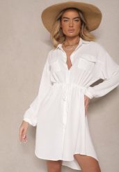 Biała Sukienka Koszulowa z Bawełną Ozdobiona Wiązaniem Uladrisa. Białe sukienki damskie Renee, na co dzień, xl, bez wzorów, z bawełny, eleganckie, bez kołnierzyka, bez ramiączek, midi, koszulowe. Za 59.99 zł.