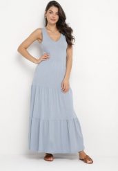 Niebieska Bawełniana Sukienka Maxi Bez Rękawów Lorenis. Niebieskie sukienki damskie Born2be, na co dzień, na lato, l, bez wzorów, z bawełny, eleganckie, bez kołnierzyka, bez ramiączek, maxi, kopertowe. Za 109.99 zł.
