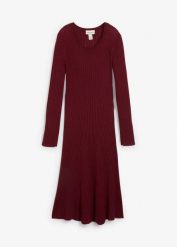 Sukienka dzianinowa z wełny merino. Czerwone sukienki damskie bonprix, na imprezę, na jesień, bez wzorów, z dzianiny, bez kołnierzyka, bez ramiączek. Za 349.99 zł.