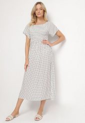 Biała Sukienka z Bawełny o Rozkloszowanym Kroju w Kropeczki Lisadrisa. Białe sukienki damskie Born2be, na co dzień, m, bez wzorów, z bawełny, eleganckie, bez kołnierzyka, bez ramiączek, midi, rozkloszowane. Za 49.99 zł.