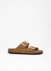 Klapki marki Tamaris ze skóry z klamrami. Brązowe klapki damskie bonprix, bez wzorów, ze skóry, bez obcasa, bez zapięcia. Za 219.99 zł.